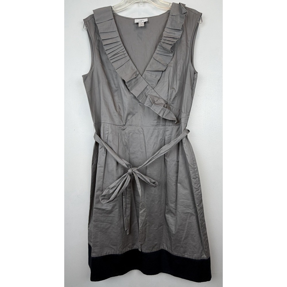 Loft Ann Taylor Dress Womens 14 Gray Sleeveless Faux Wrap Belted Waist Office